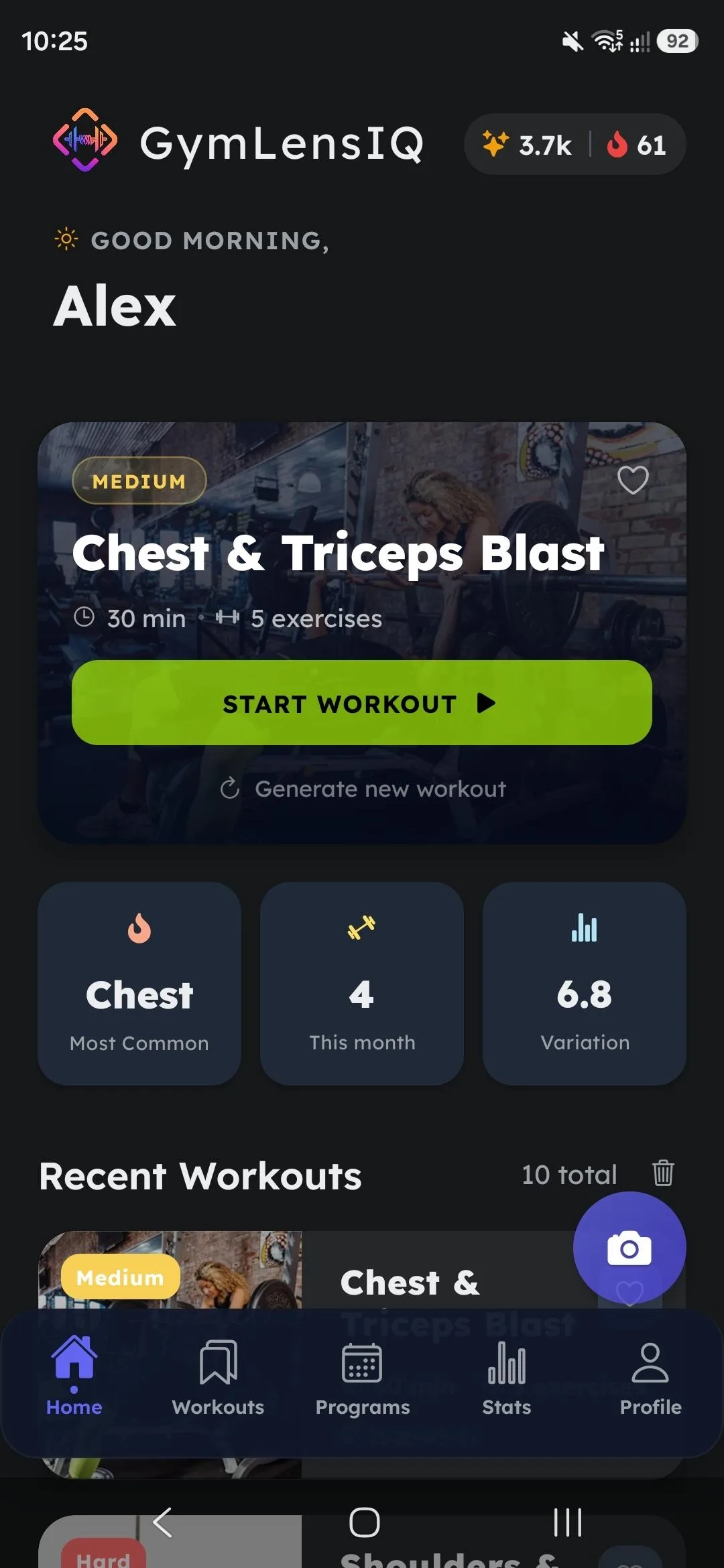 GymLensIQ home screen with AI-generated workout ready to start